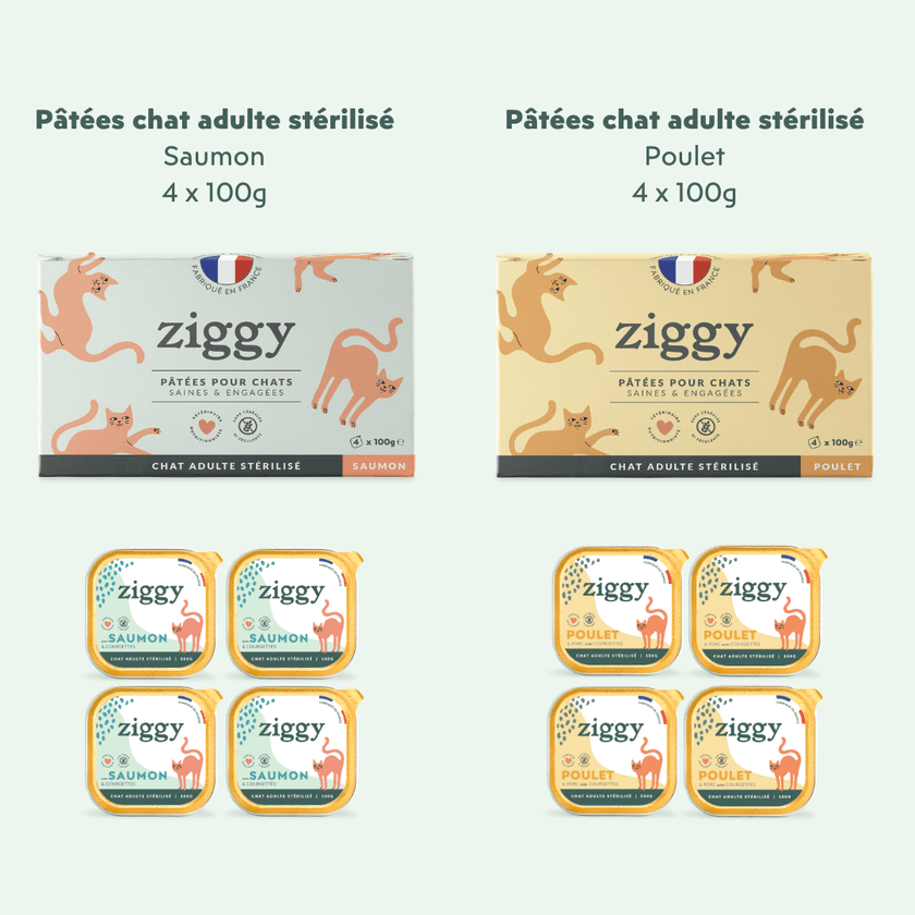 Coffret découverte pour chat adulte stérilisé composé de pâtées saines, françaises et sans céréales
