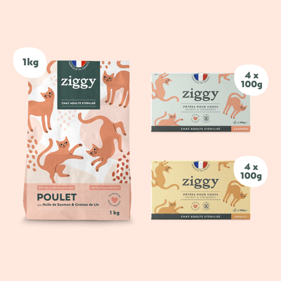 Composition du coffret pour chat adulte stérilisé Ziggy alimentation pour chat saine et sans céréales
