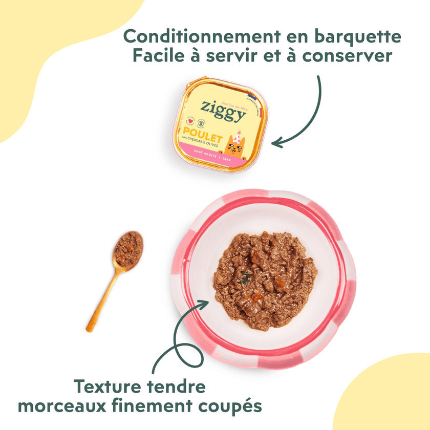 Pâtée premium pour chat adulte au poulet, cheddar et olives, 0% amidon, haute digestibilité