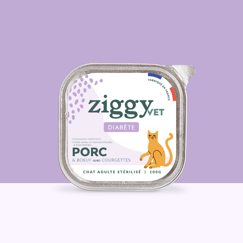 Barquette de 100g de pâtées Ziggy pour chat adulte souffrant de diabète, saines et sans céréales