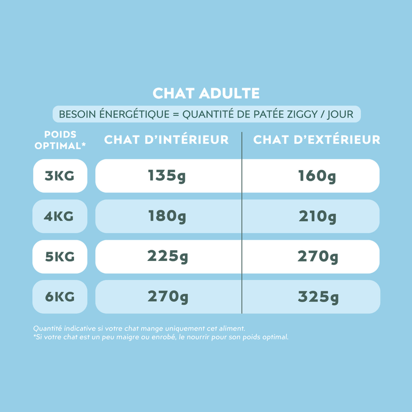 Quantité par jour à donner à son chat de la pâtée IRC ZiggyVet pour chat souffrant d'insuffisance rénale chronique, saine et sans amidon, en fonction de son besoin énergétique
