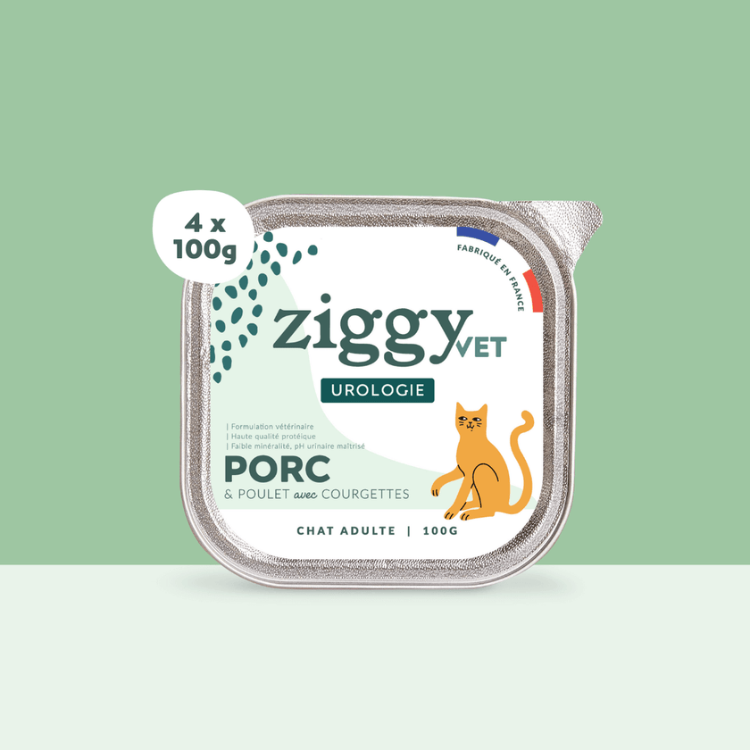 Barquette de pâtée Ziggy vet pour chat adulte souffrant de troubles urinaires, saine et sans céréales