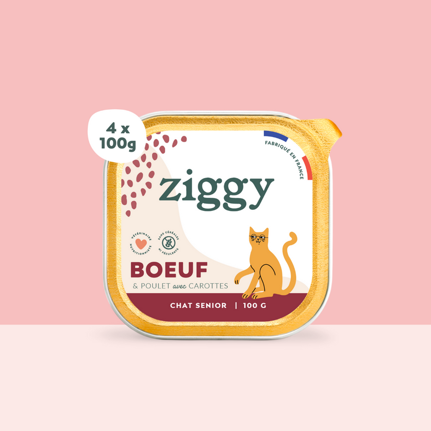 Barquette de 100g de pâtées Ziggy pour chat senior au boeuf, saines et sans céréales