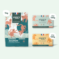 Coffret Découverte chat adulte stérilisé composé d'un paquet de 1kg de croquettes pour chat sans céréales et 4 pâtées au Saumon saines et 4 pâtées au poulet sans amidon
